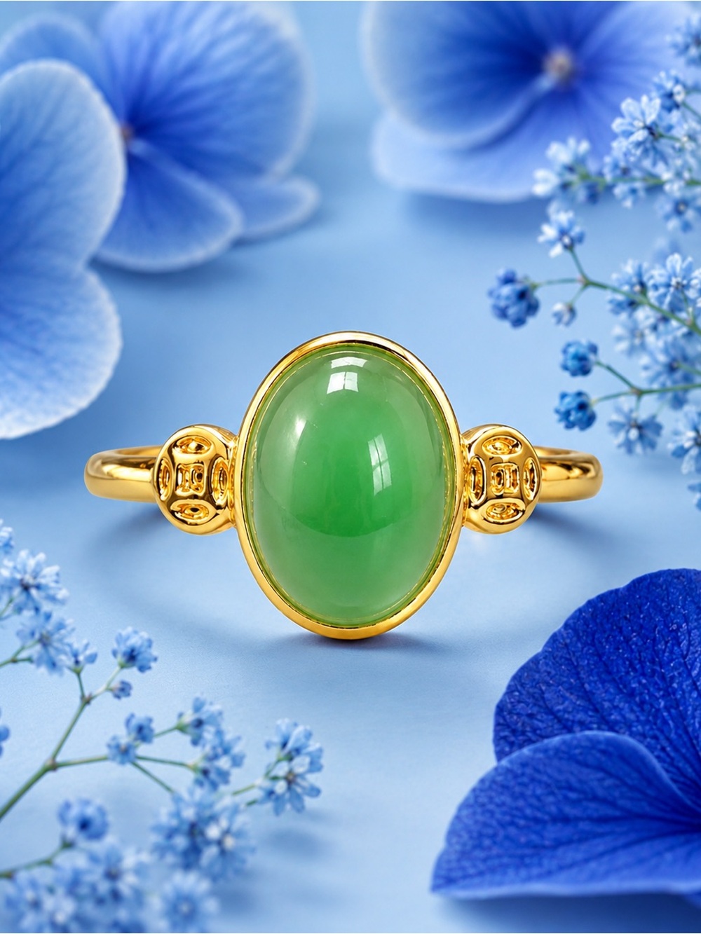 Gold Green Jade Oval Ring - Women Jewelry size 9